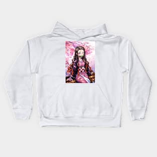 Watercolor Nezuko Under Sakura Tree- Demon Slayer Fanart Kids Hoodie